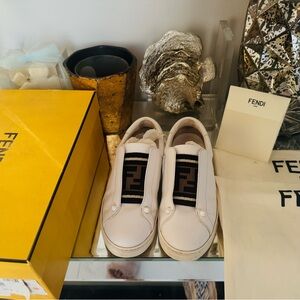 Fendi White Slip-On Sneakers with Brown & Black FF Knit Panel